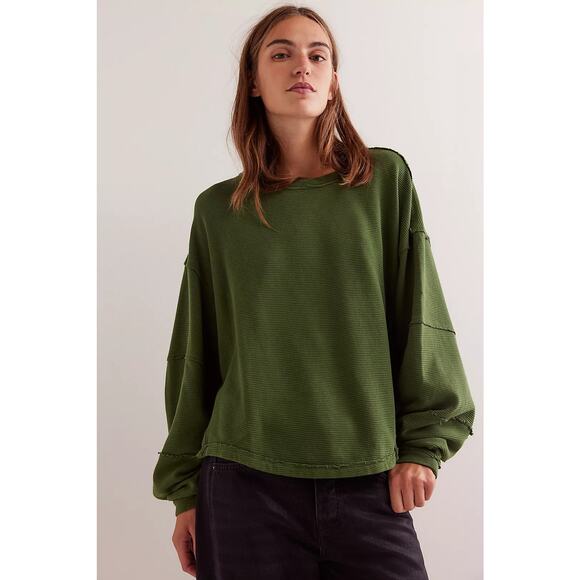 Free People Sweaters - Free People We The Free Total Eclipse Tee Eden Green Ribbed Drop Shoulder S Boho